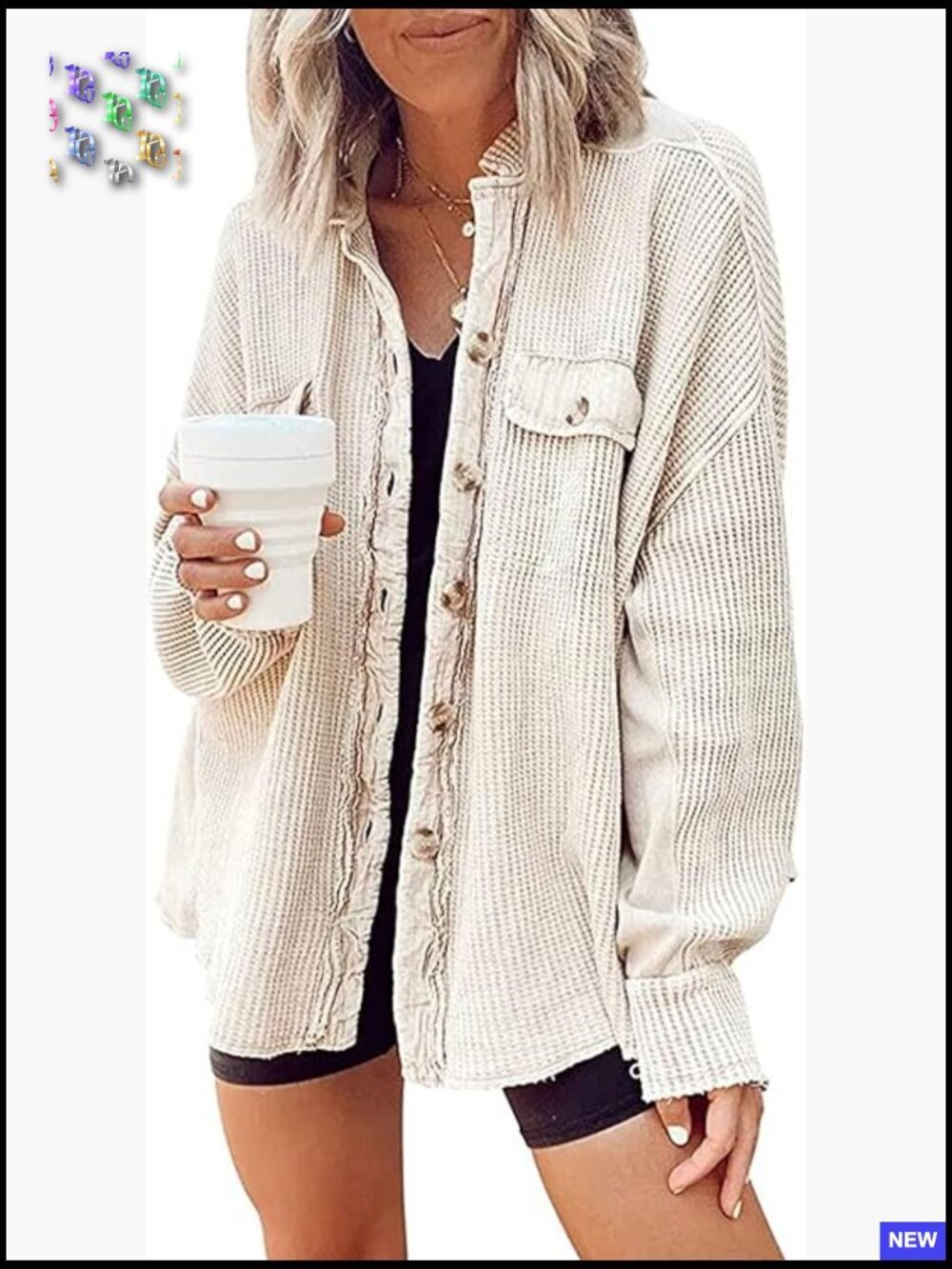 Waffle Knit Button Down Shirt Long Sleeve Casual Jacket Cape Oversized Coat